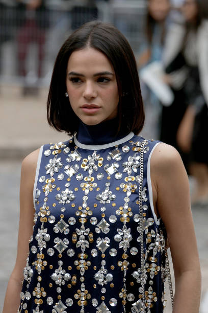 Bruna Marquezine arrives at the Miu Miu show as part of the Paris Fashion Week Womenswear Spring/Summer 2019 on October 2, 2018 in Paris, France.